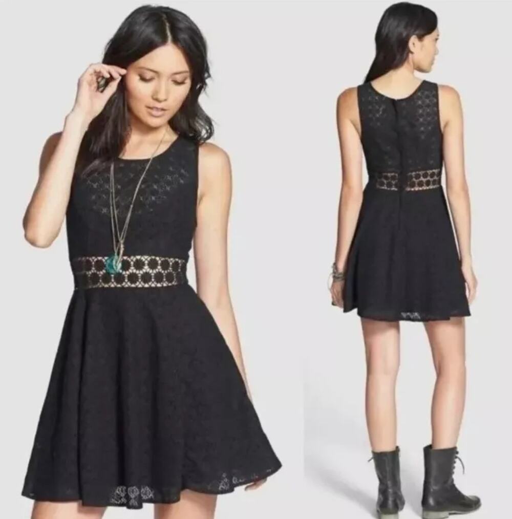 Free People Dress Daisy Lace Embroidered Cutout Mini Skater Black cute goth